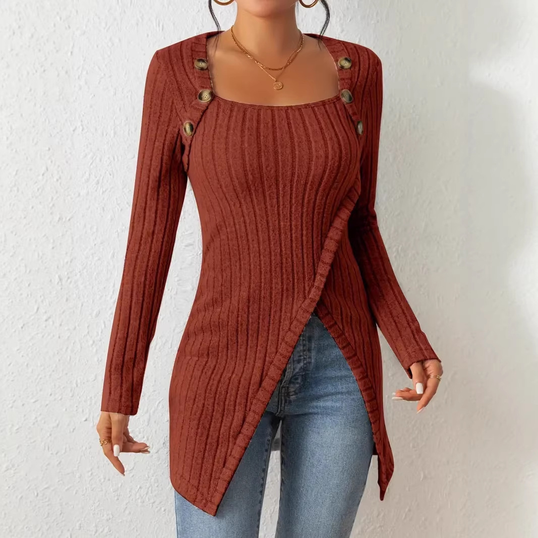 Women's Slim Fit Knit Button-Detail Slit Hem T-Shirt
