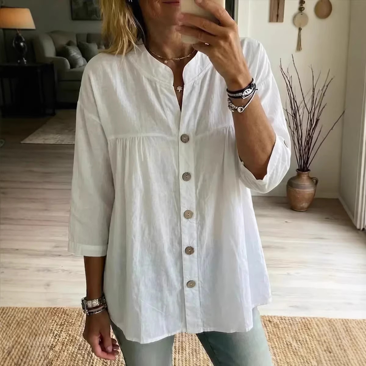 Women's Cotton-Linen Shirt Casual Vintage Solid Color 3/4 Sleeve Top