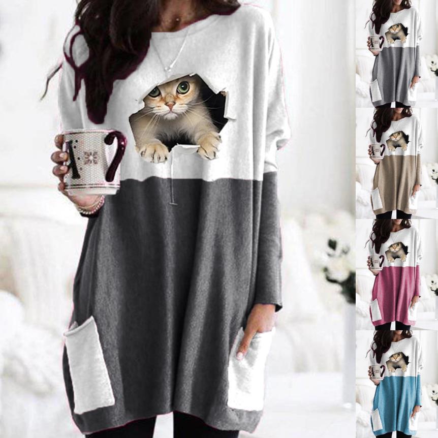 Color Block Cat Print Crewneck Long Sleeve T-Shirt for Women
