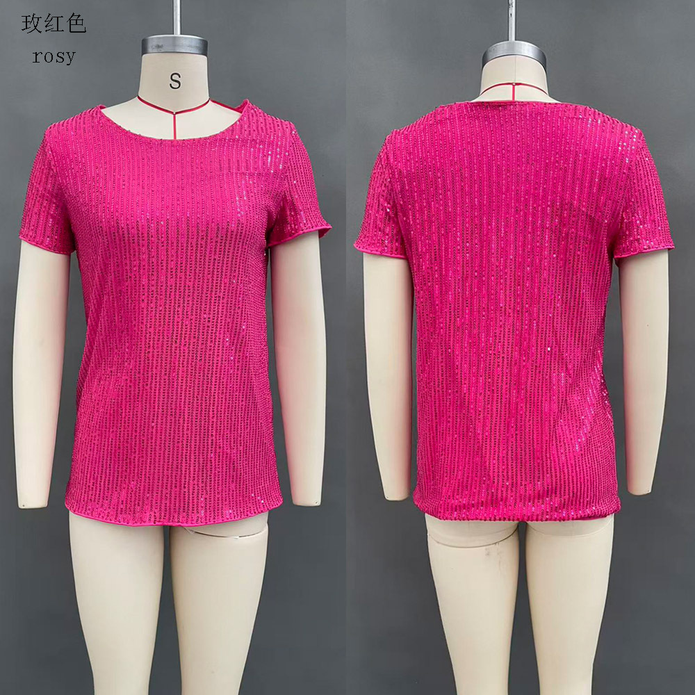 Women's Sequin Loose Crewneck Short Sleeve Top