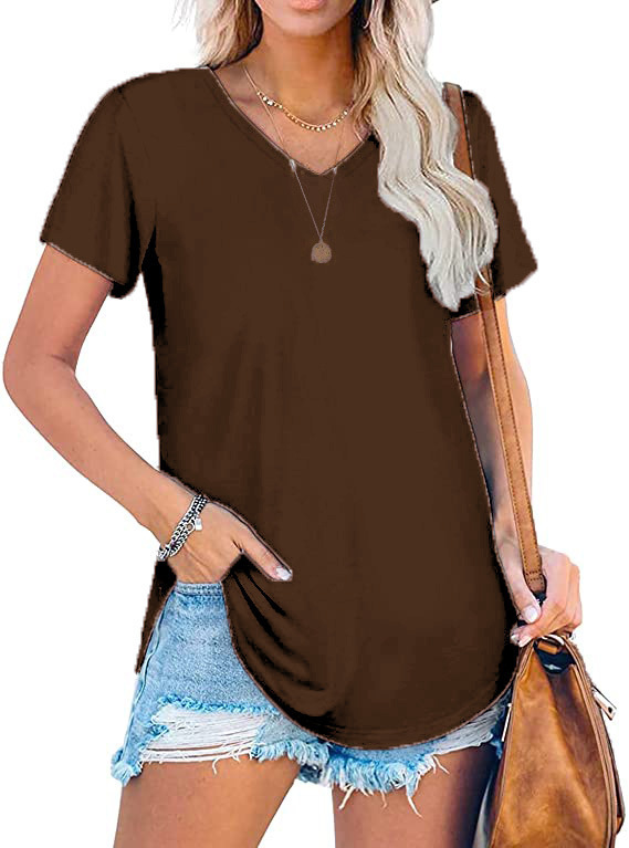 Women's V-Neck Knit Short Sleeve T-Shirt Loose Plus Size Solid Color Top