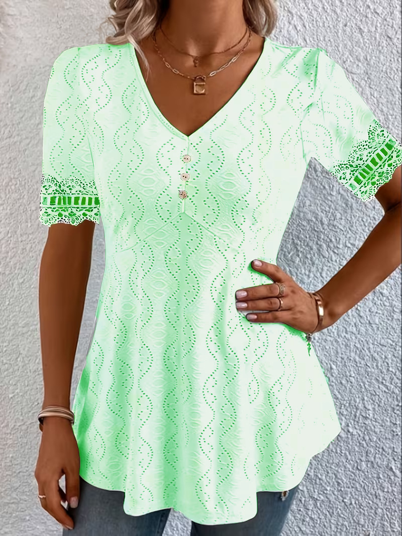 V-Neck Jacquard Lace Hollow-Out Waist-Cinched Short Sleeve Top