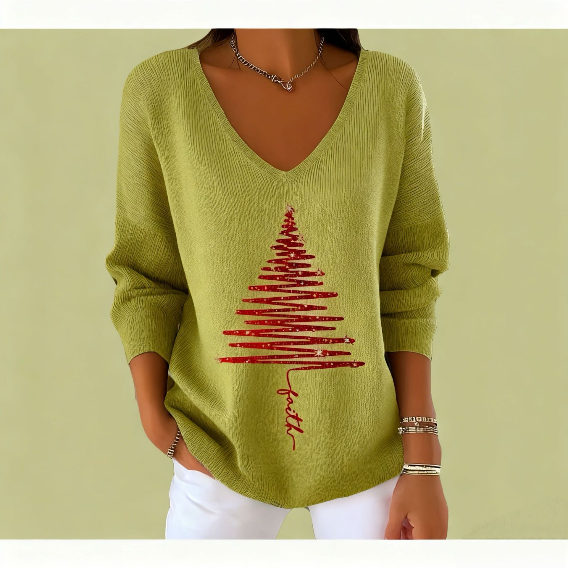 Women's V-Neck Long Sleeve Book & Christmas Tree Print T-Shirt