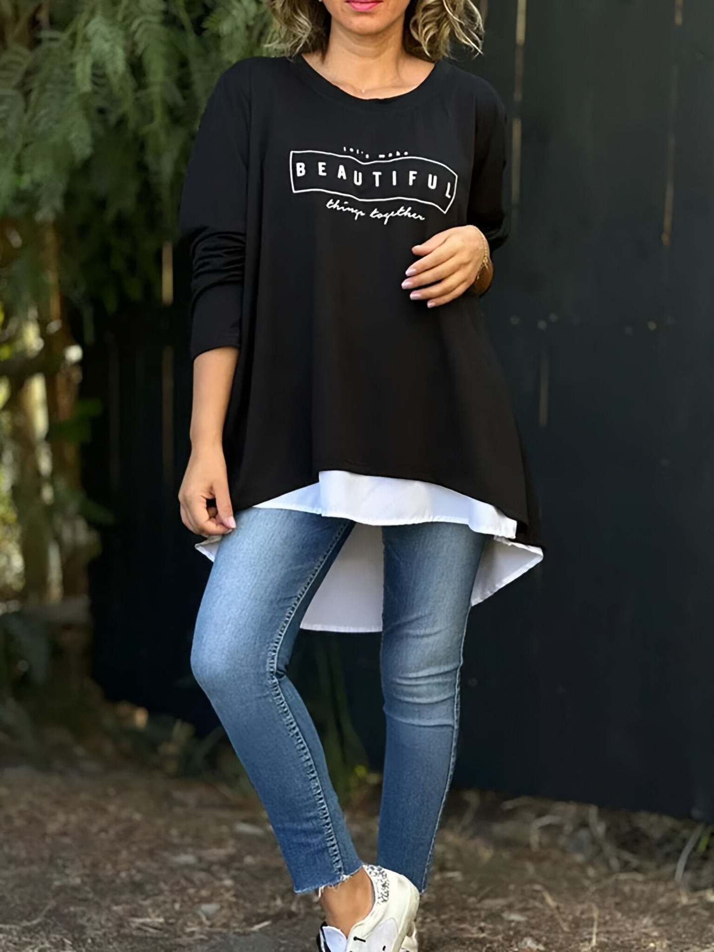 Women's Round Neck Faux Two-Piece Back Button Letter Long Sleeve Top