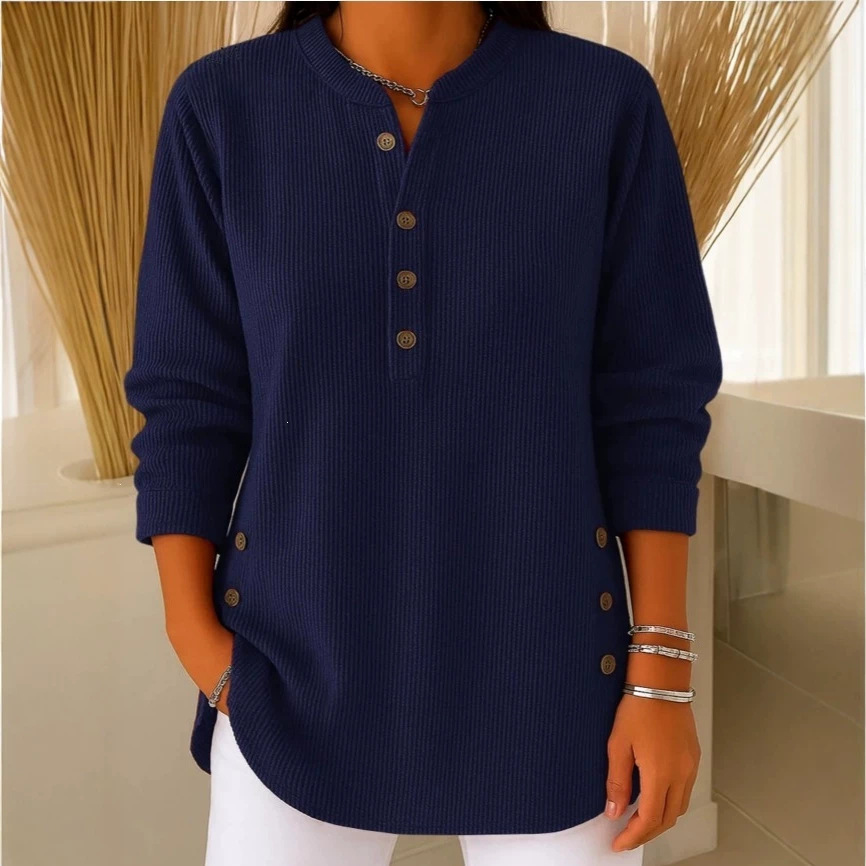 Corduroy V-Neck Button Long-Sleeve Loose Casual Top