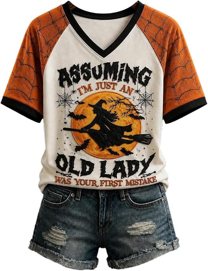 Halloween Evil Witch Print V-Neck Short Sleeve Women's T-Shirt