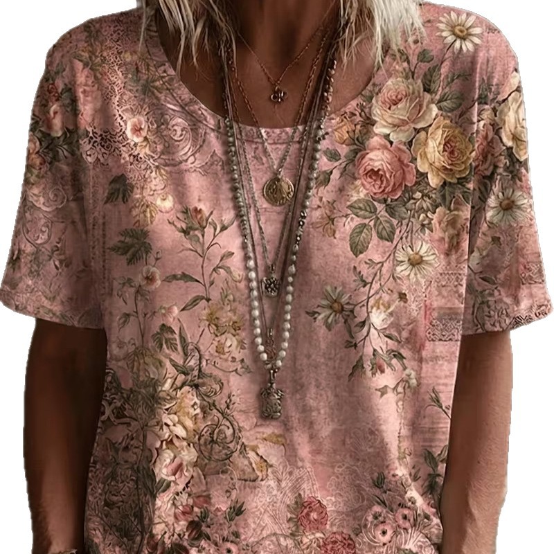 Retro Floral Print Short Sleeve T-Shirt