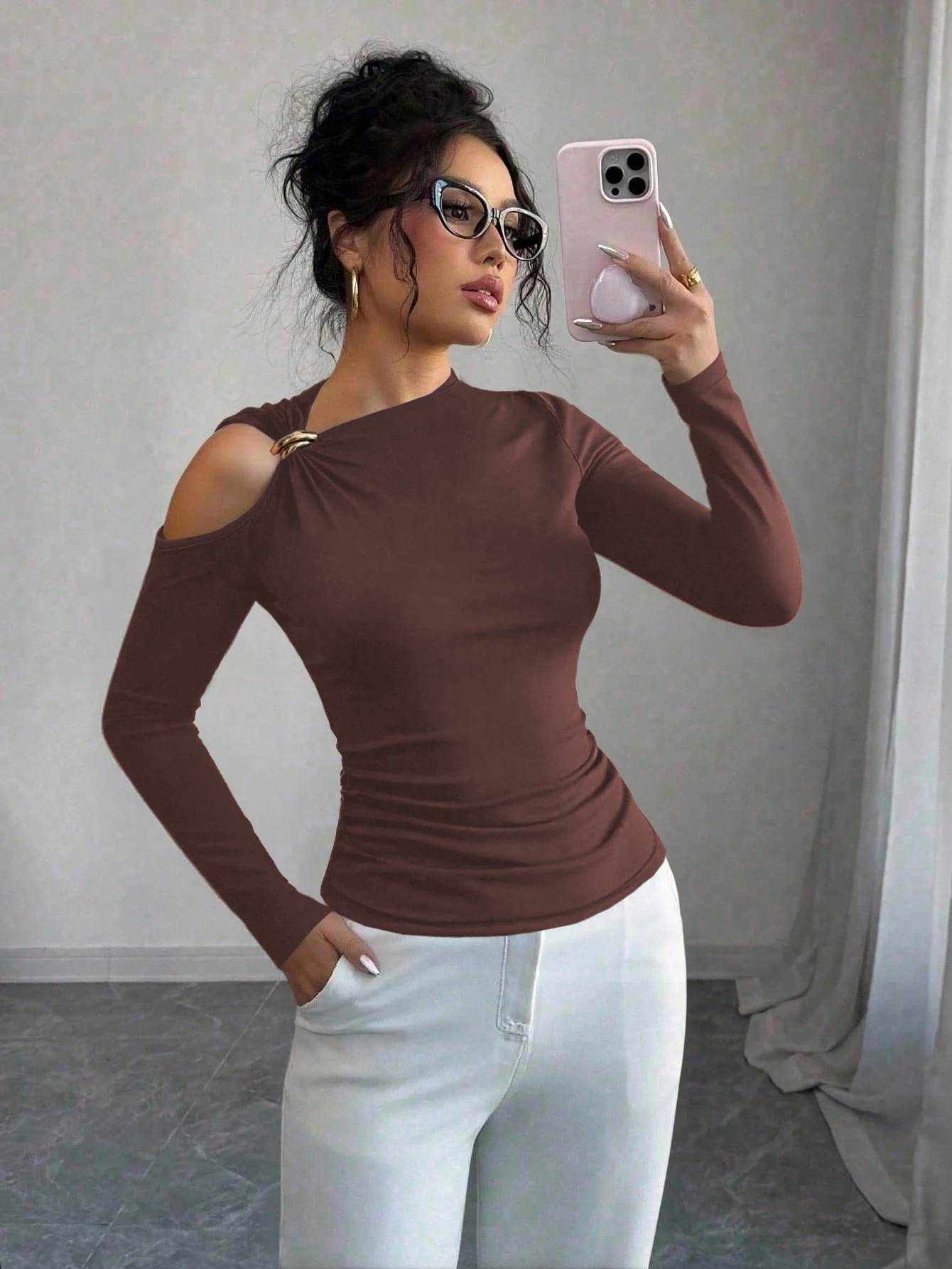 Asymmetric One-Shoulder Metal-Trim Slim-Fit Top