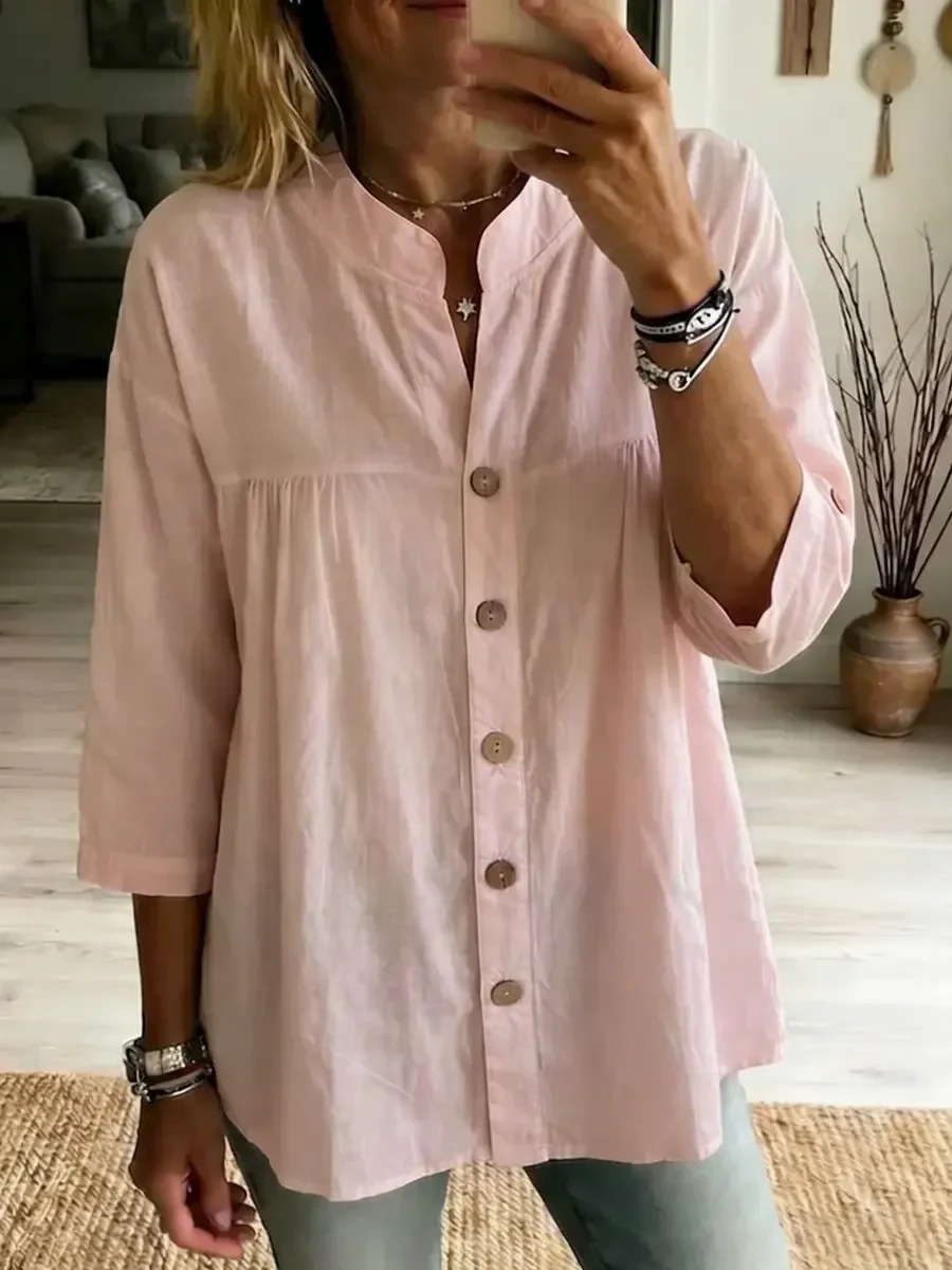 Women's Cotton-Linen Shirt Casual Vintage Solid Color 3/4 Sleeve Top