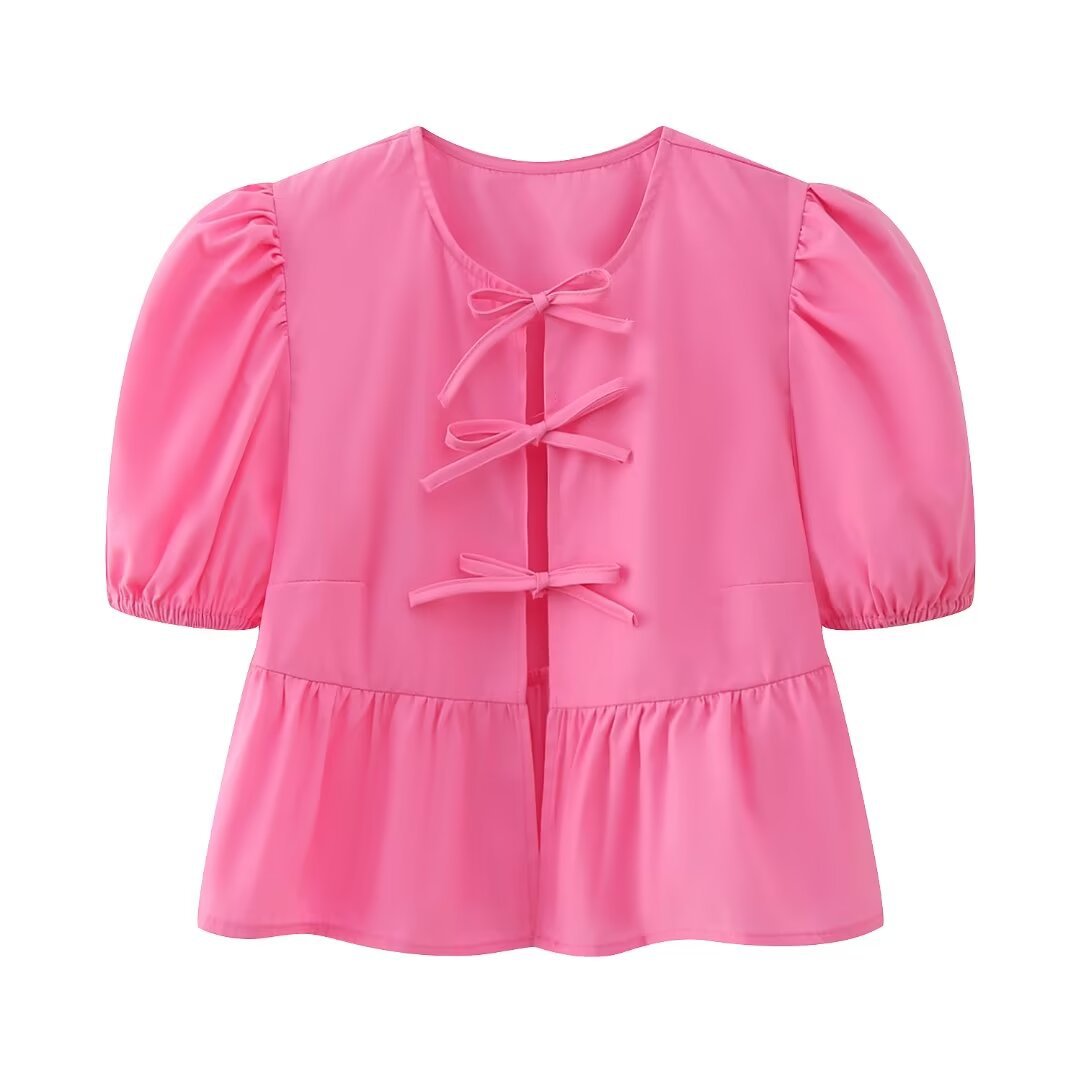 Women's Tie-Front Puff Sleeve Top