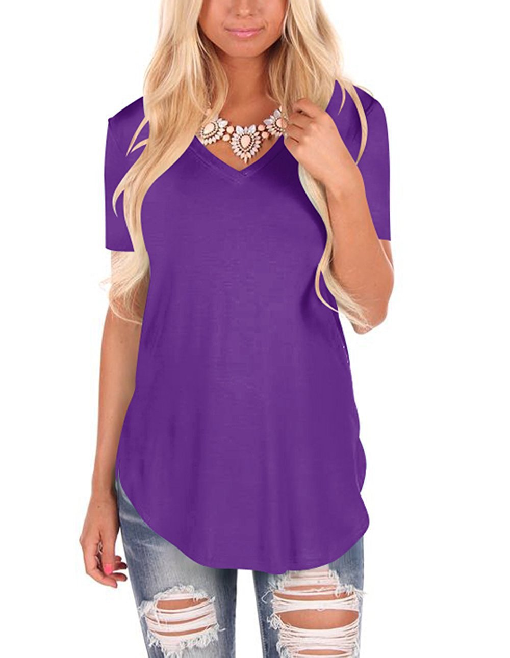 Women's V-Neck Knit Short Sleeve T-Shirt Loose Plus Size Solid Color Top