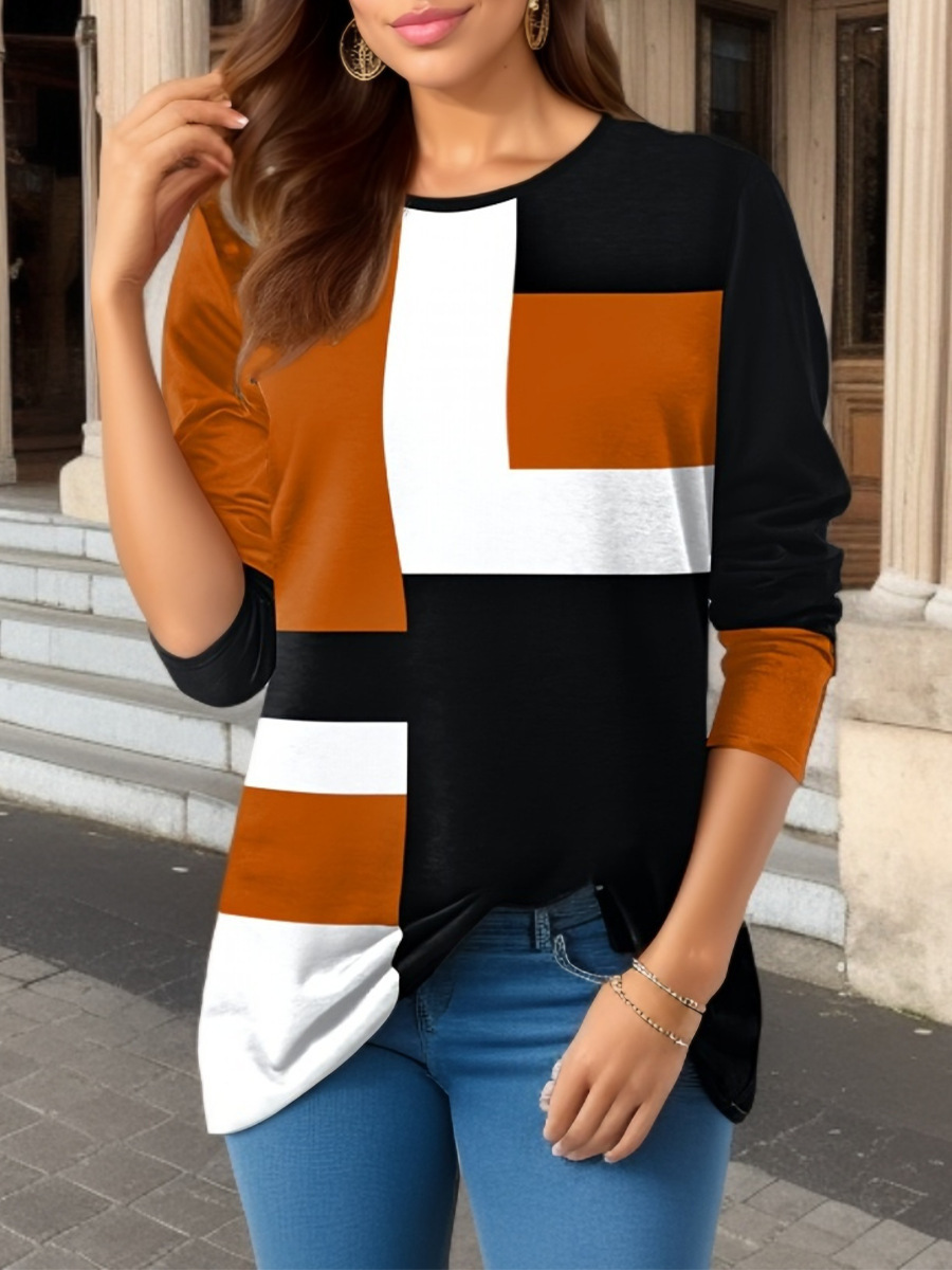 Geometric Color-Block Long-Sleeve T-Shirt