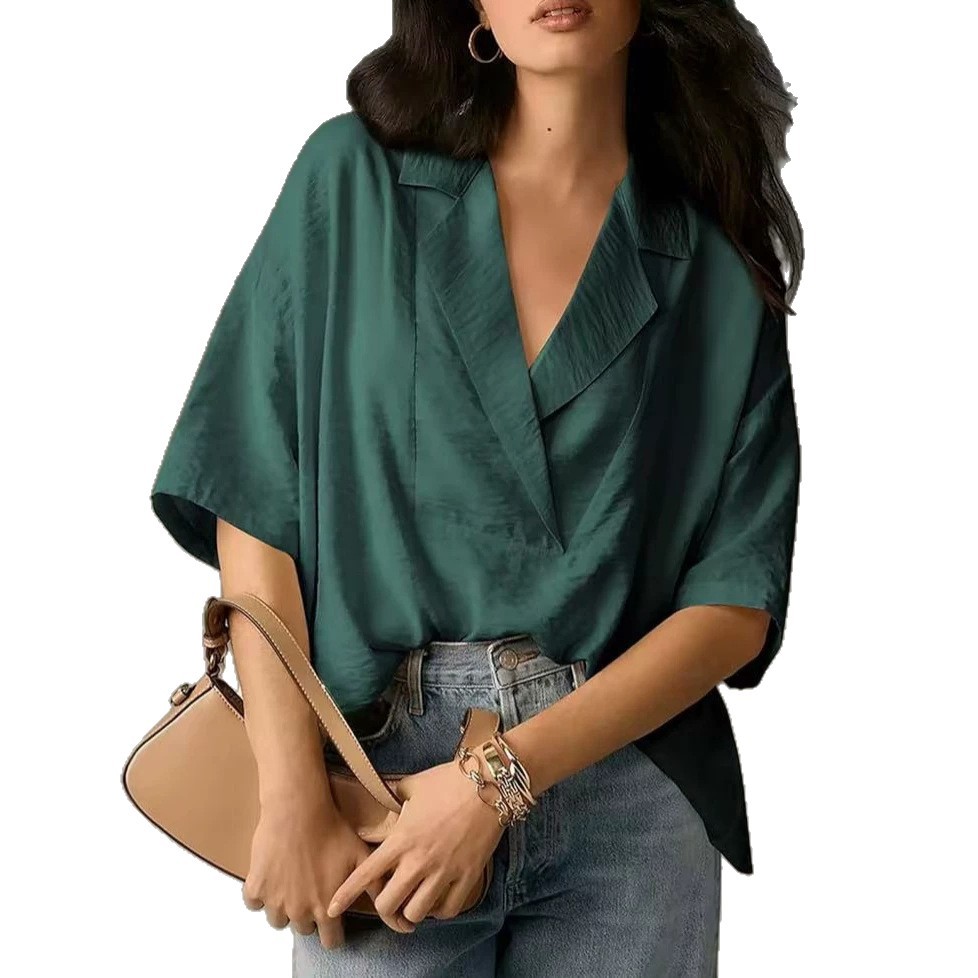 Women's Summer Short Sleeve Collared Loose Fit Solid Color Shirt