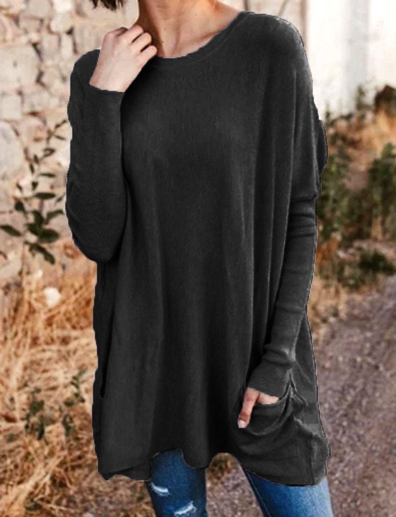 Women's Loose Fit Crewneck Long Sleeve Pocket T-Shirt
