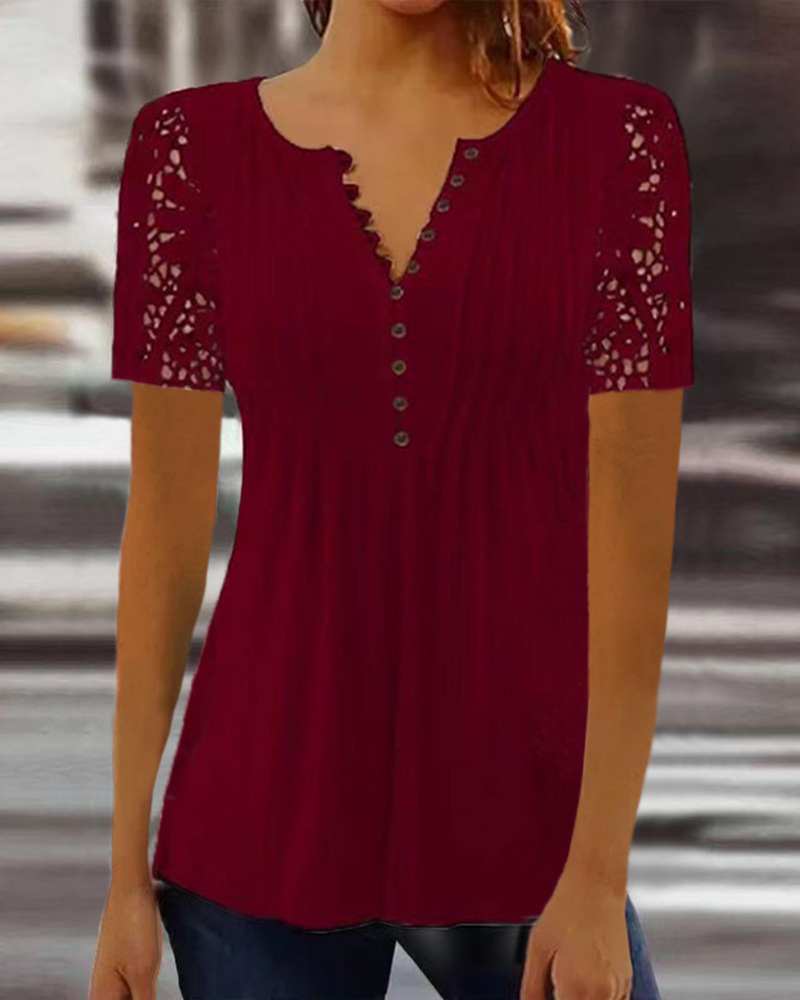 Women's Lace Trim Pleated Solid Button T-Shirt