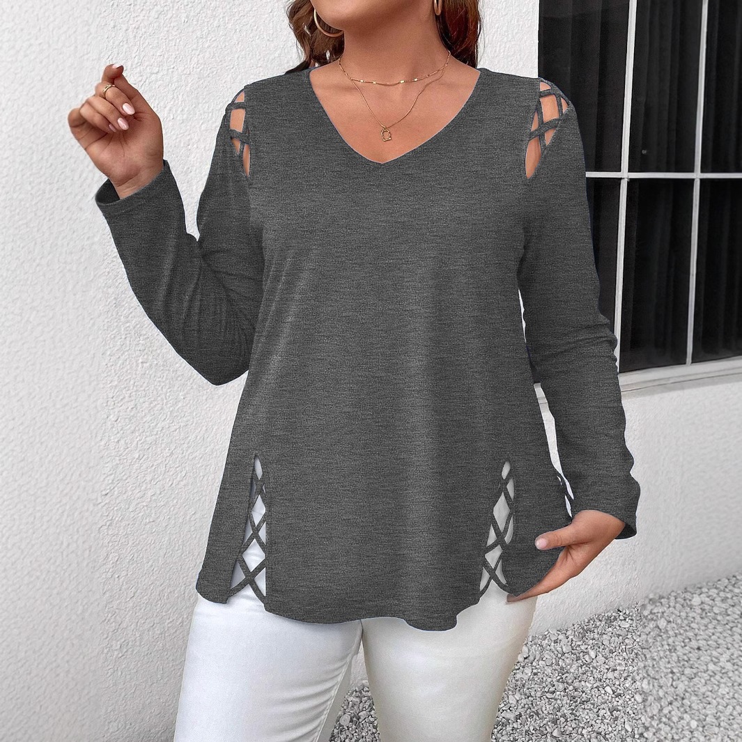 Plus Size Sexy V-Neck Crisscross Cutout Long Sleeve T-Shirt