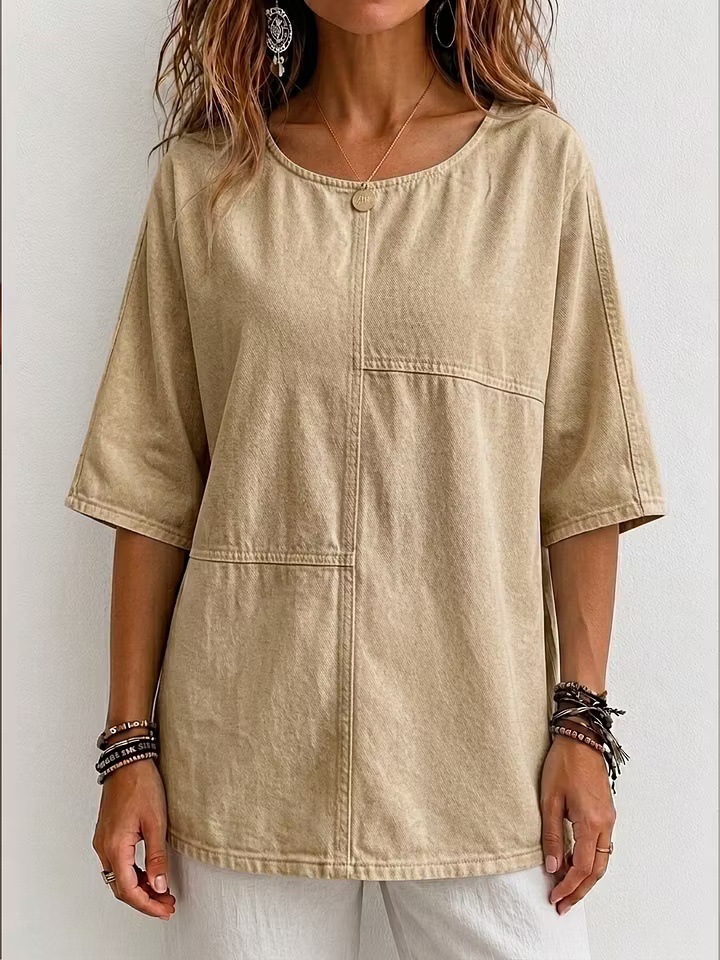 Women's Mid-Sleeve Patchwork Denim Top Casual T-Shirt