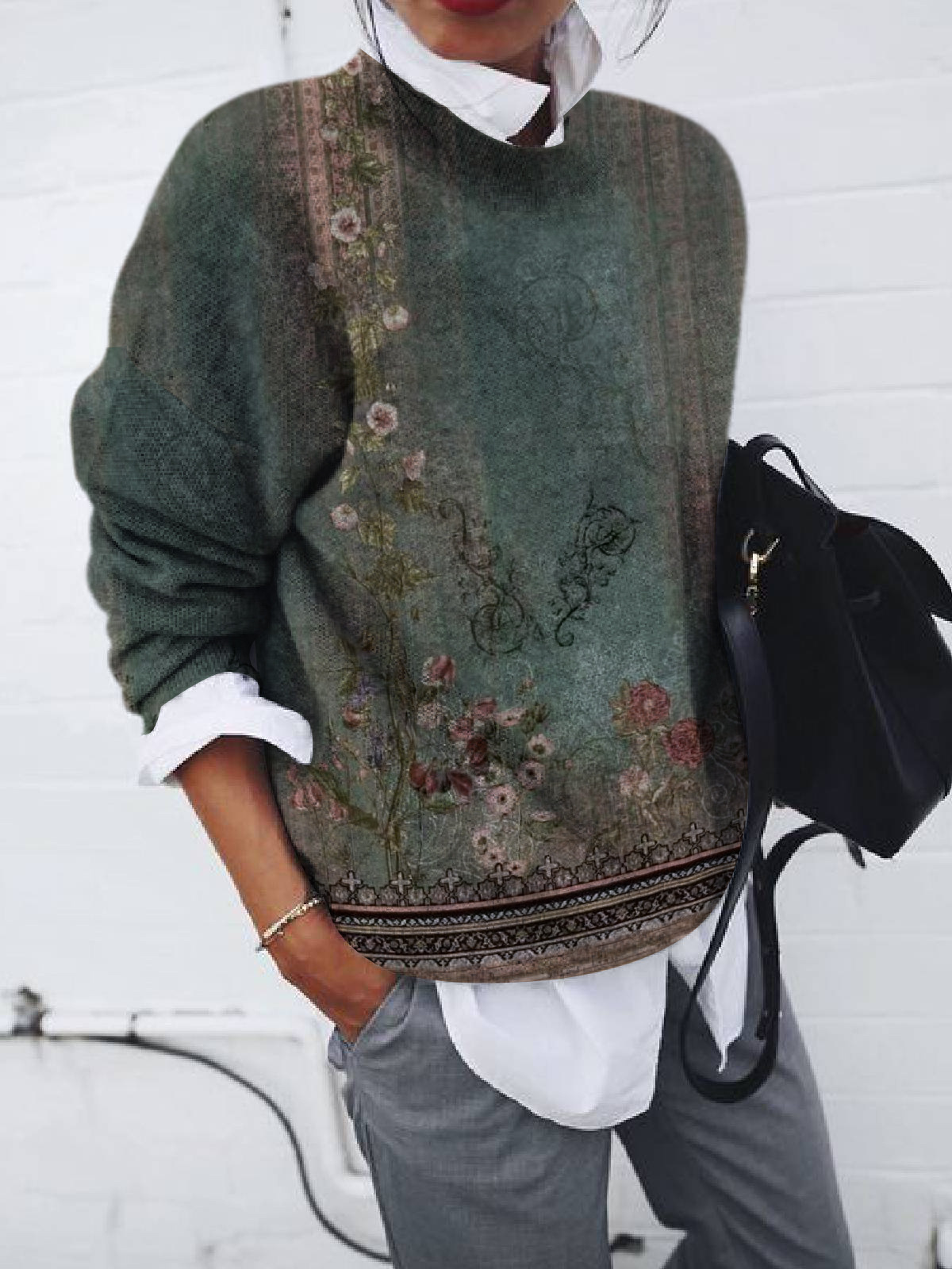 Women's Vintage Floral Print Loose Long Sleeve Top