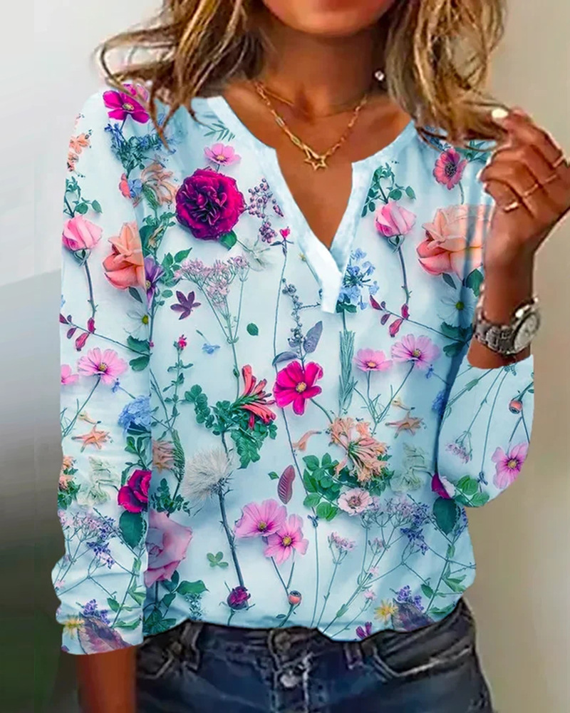Floral Print V-Neck Long-Sleeve T-Shirt Top