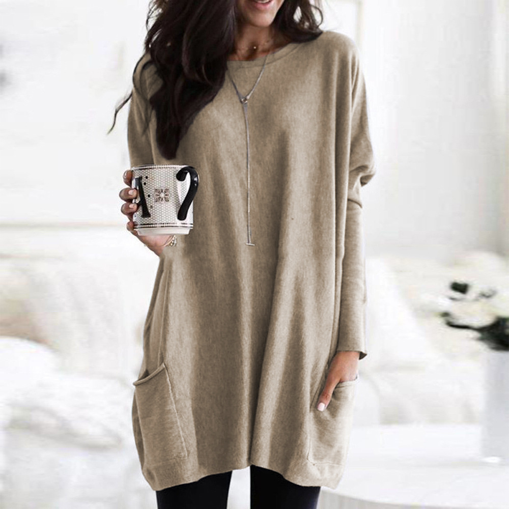 Women's Long Sleeve Pocket T-Shirt Casual Loose Fit Crew Neck Solid Color
