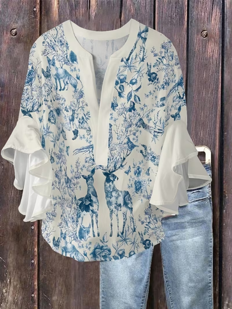 Floral Print V-Neck Rolled Sleeve Casual Women's T-Shirt