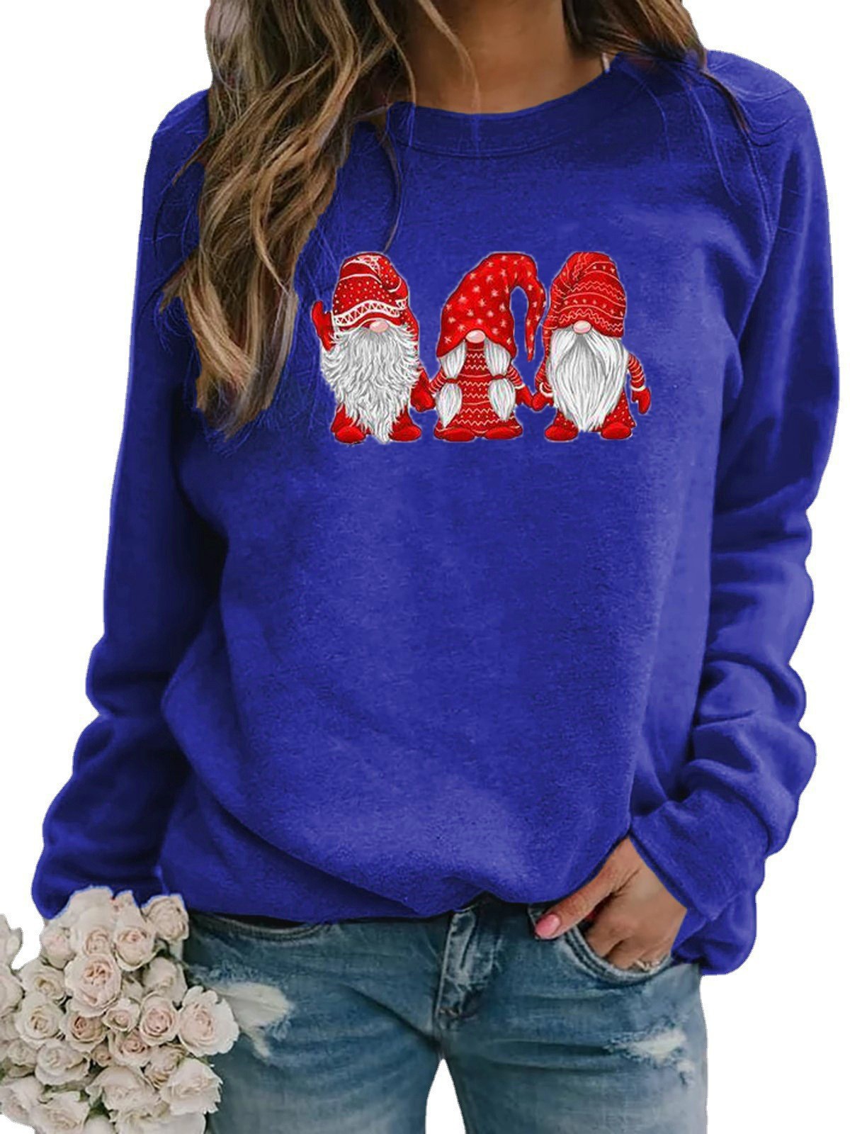Women's Christmas Santa Print Long Sleeve Crewneck Loose T-Shirt