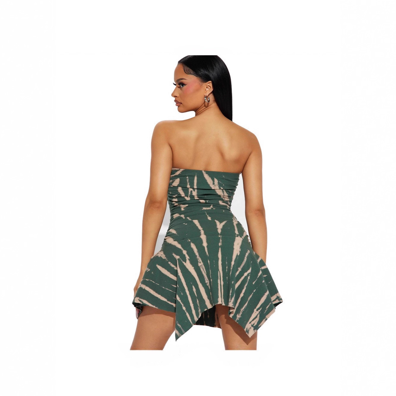 Women's Strapless Ribbed Print Bodycon Mini Dress with Asymmetric Hem