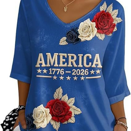 Floral Letter Print V-Neck Half-Sleeve Women's T-Shirt