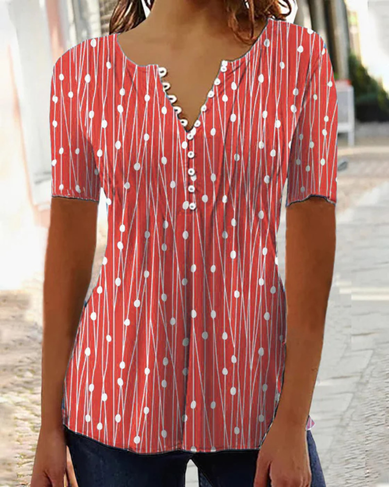 V-Neck Polka Dot Short Sleeve Blouse