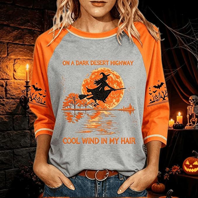 Women's Witch on Flying Broom Halloween Print Crewneck Top
