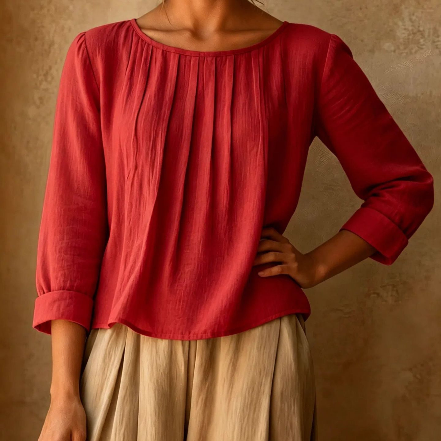2026 New Cross-Border Summer Women's Cotton-Linen Top Loose Slimming Pleated Round Neck Eight-Sleeve Shirt Solid Color Casual
