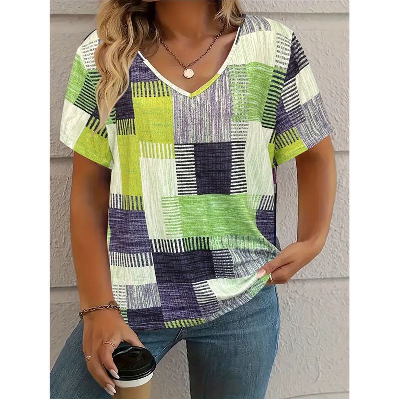 Women's Square Print V-Neck Short Sleeve T-Shirt