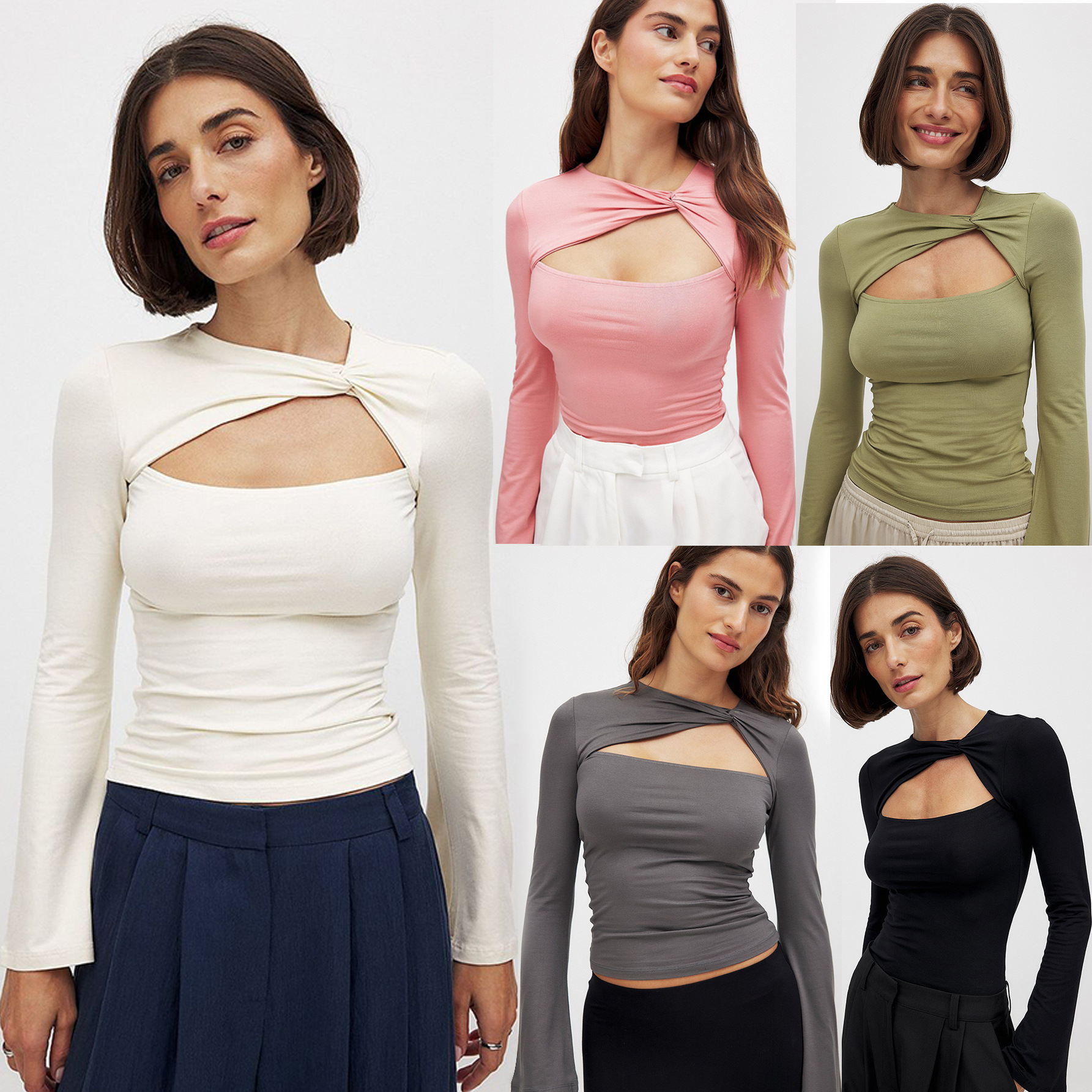 Women's Double-Layer Collar Cutout Faux Two-Piece Slim Fit Long Sleeve Top