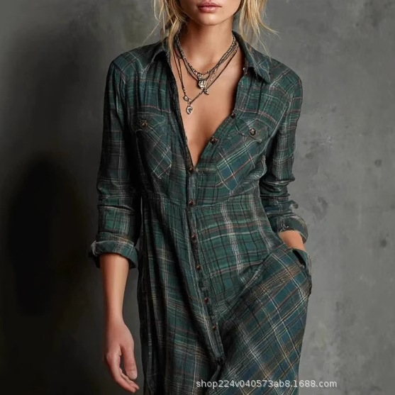 V-Neck Plaid Loose A-Line Long Dress