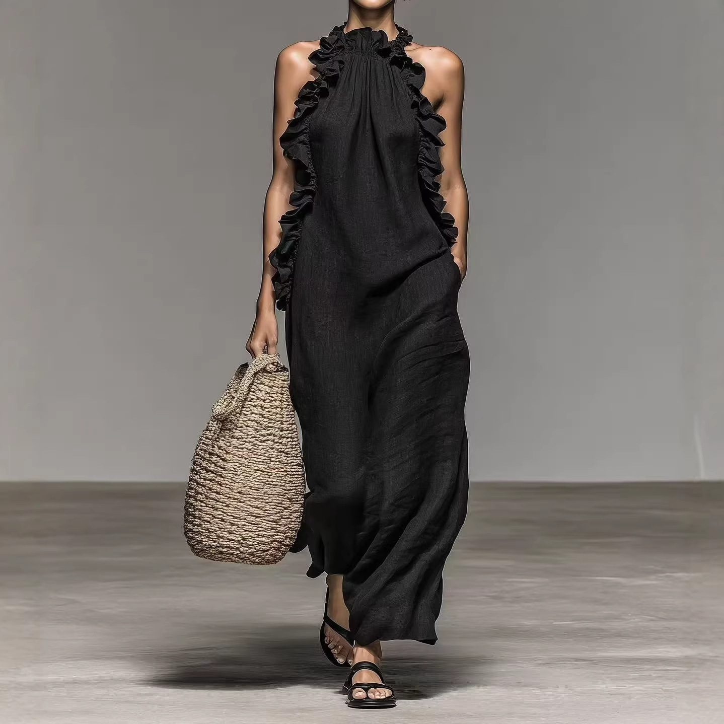 Women's Halter Ruffle Sleeveless Loose Fit Dress with Pockets