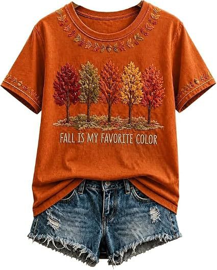 Summer Tree Letter Maple Leaf Print Short Sleeve T-Shirt