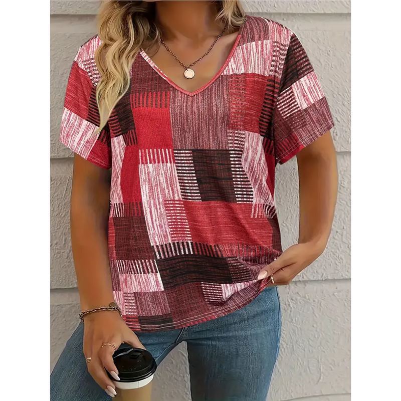 Women's Square Print V-Neck Short Sleeve T-Shirt
