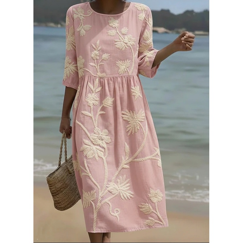 Women's Midi A-Line Dress with Side Pockets, Round Neck, Long Sleeves, Loose Fit, 3D Print, Beach Vacation
