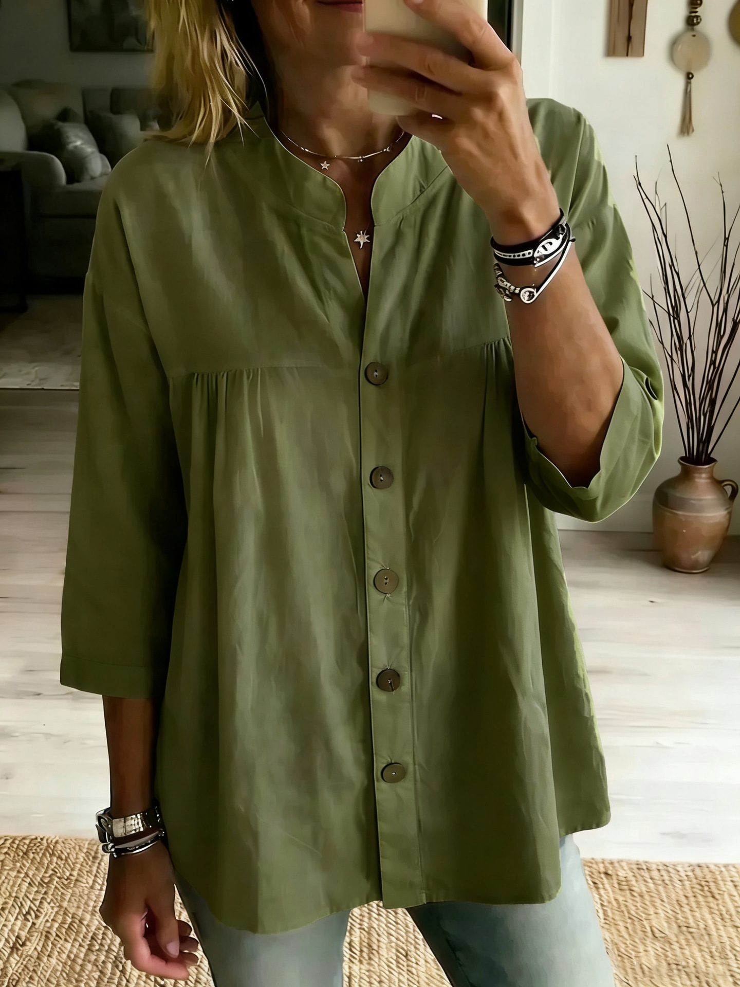 Women's Cotton-Linen Shirt Casual Vintage Solid Color 3/4 Sleeve Top