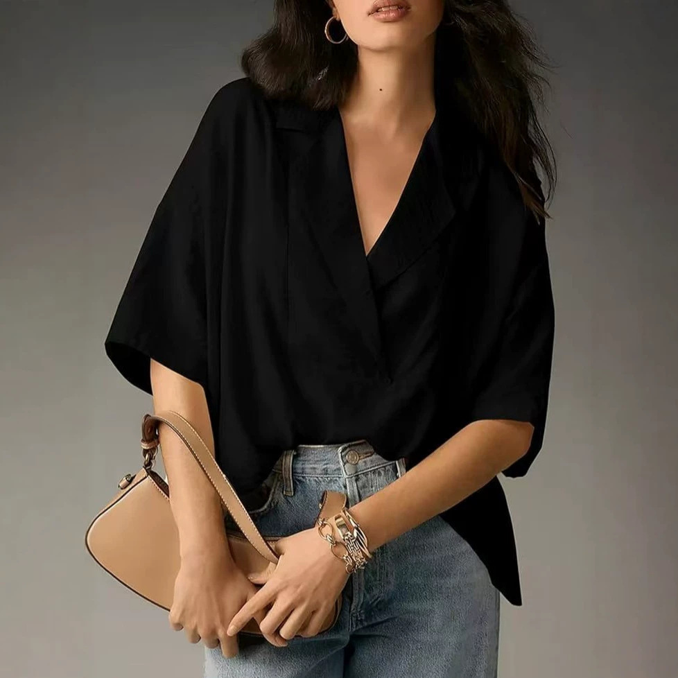 Women's Summer Short Sleeve Collared Loose Fit Solid Color Shirt