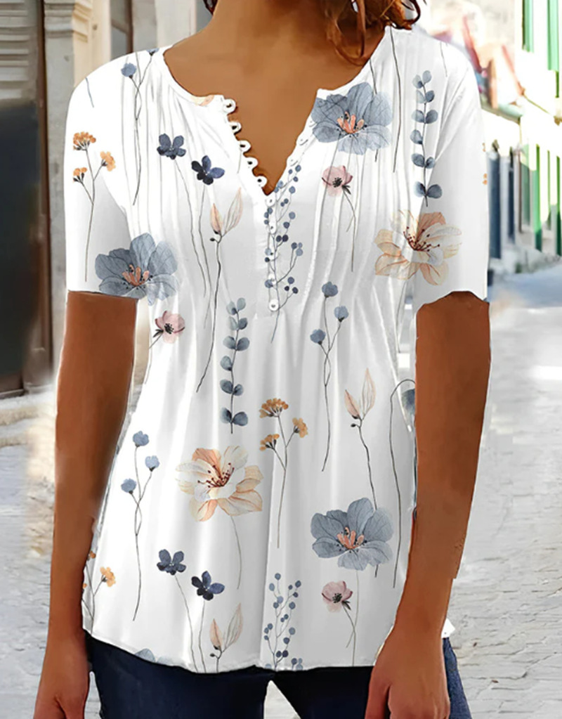 Women's Summer Printed Short Sleeve Pleated Button T-Shirt