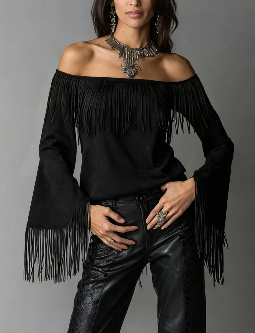 Women's Off-Shoulder Faux Suede Fringe Top with Flared Sleeves