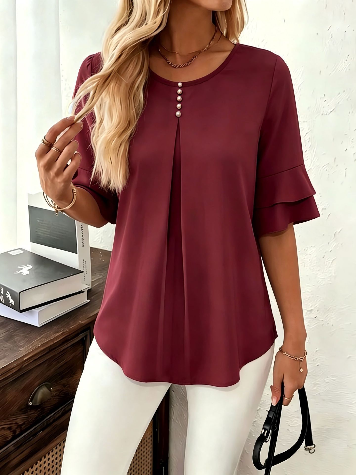 Women's Loose Double Ruffle Short Sleeve Blouse