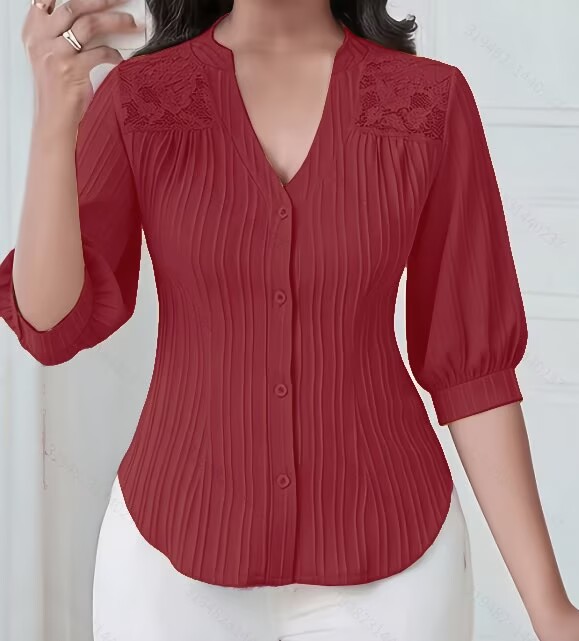 Lace-Trimmed V-Neck Mid-Sleeve Blouse with Pleated Button Front and Curved Hem