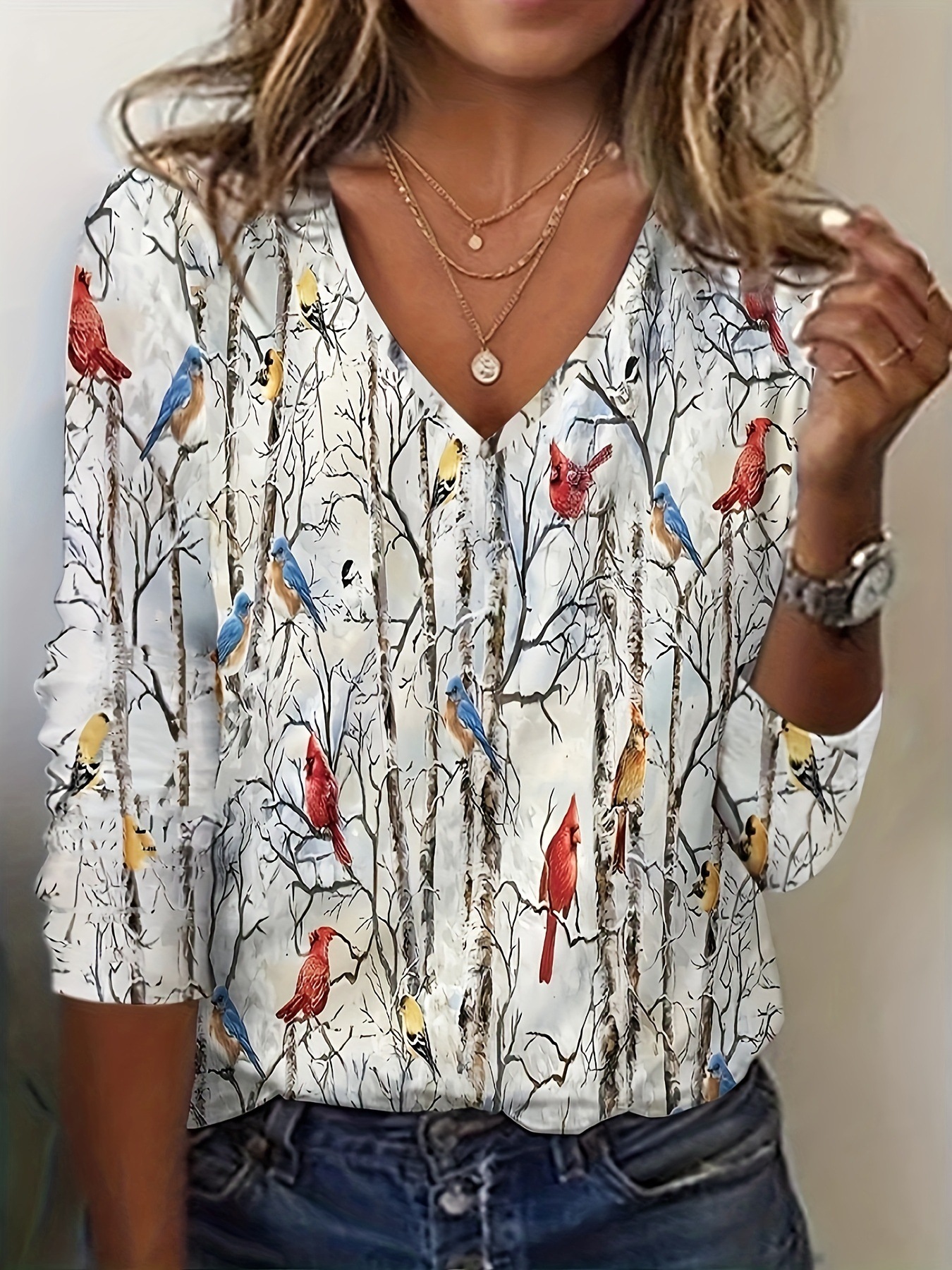 Women's V-Neck Animal Print Long Sleeve T-Shirt Slim Fit Casual Top