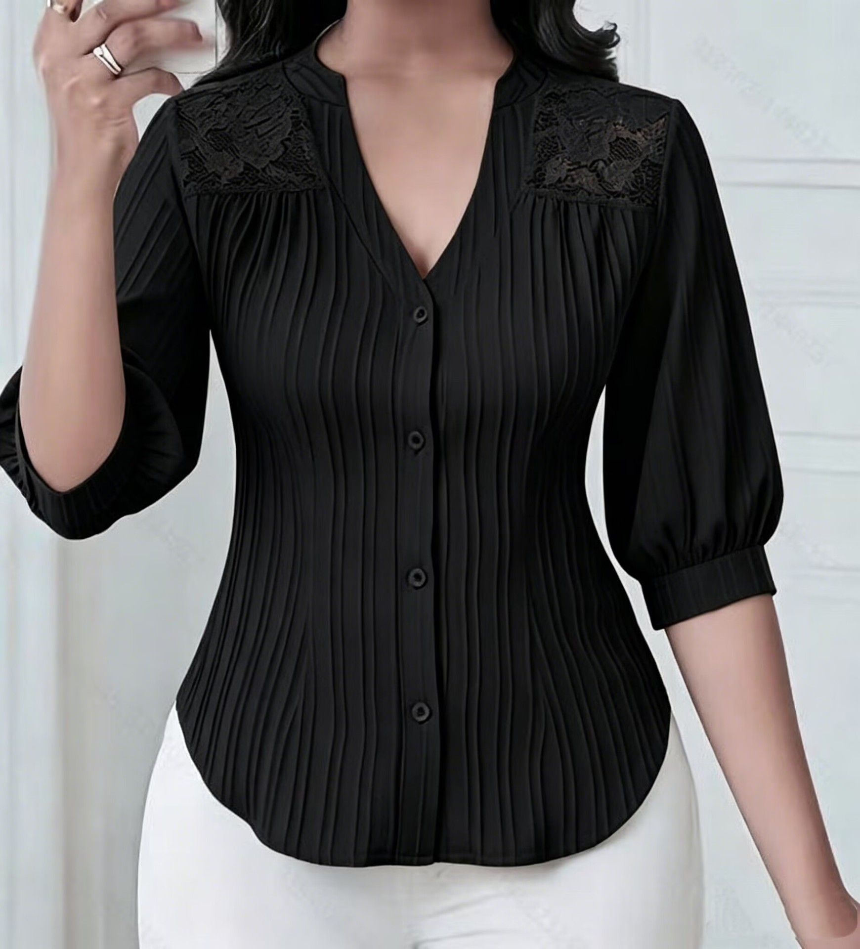 Lace-Trimmed V-Neck Mid-Sleeve Blouse with Pleated Button Front and Curved Hem