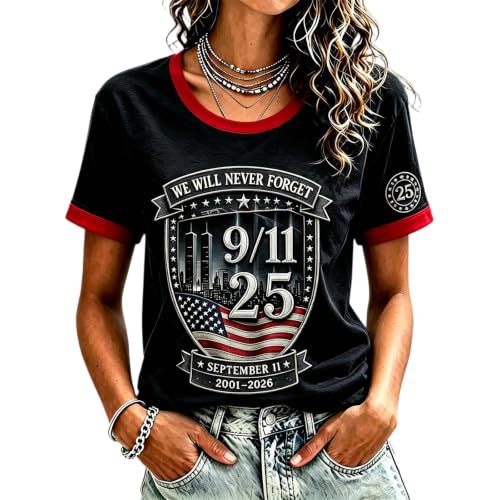 911 Twin Towers Ribbon Flag Print Short Sleeve T-Shirt