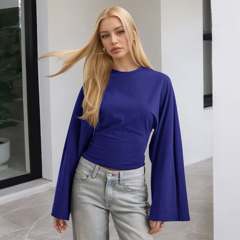 Women's Solid Crewneck Long Sleeve Cinched Waist Casual Top