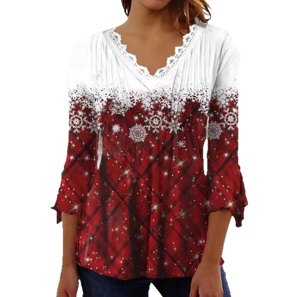 Snowflake Plaid V-Neck Long-Sleeve Top