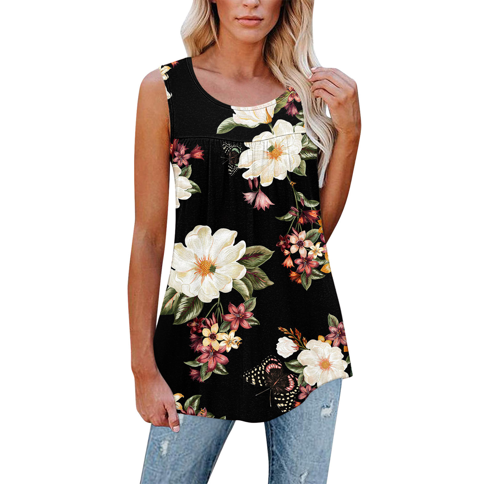 Floral Print Sleeveless Pleated Loose Fit Tank Top T-Shirt for Women